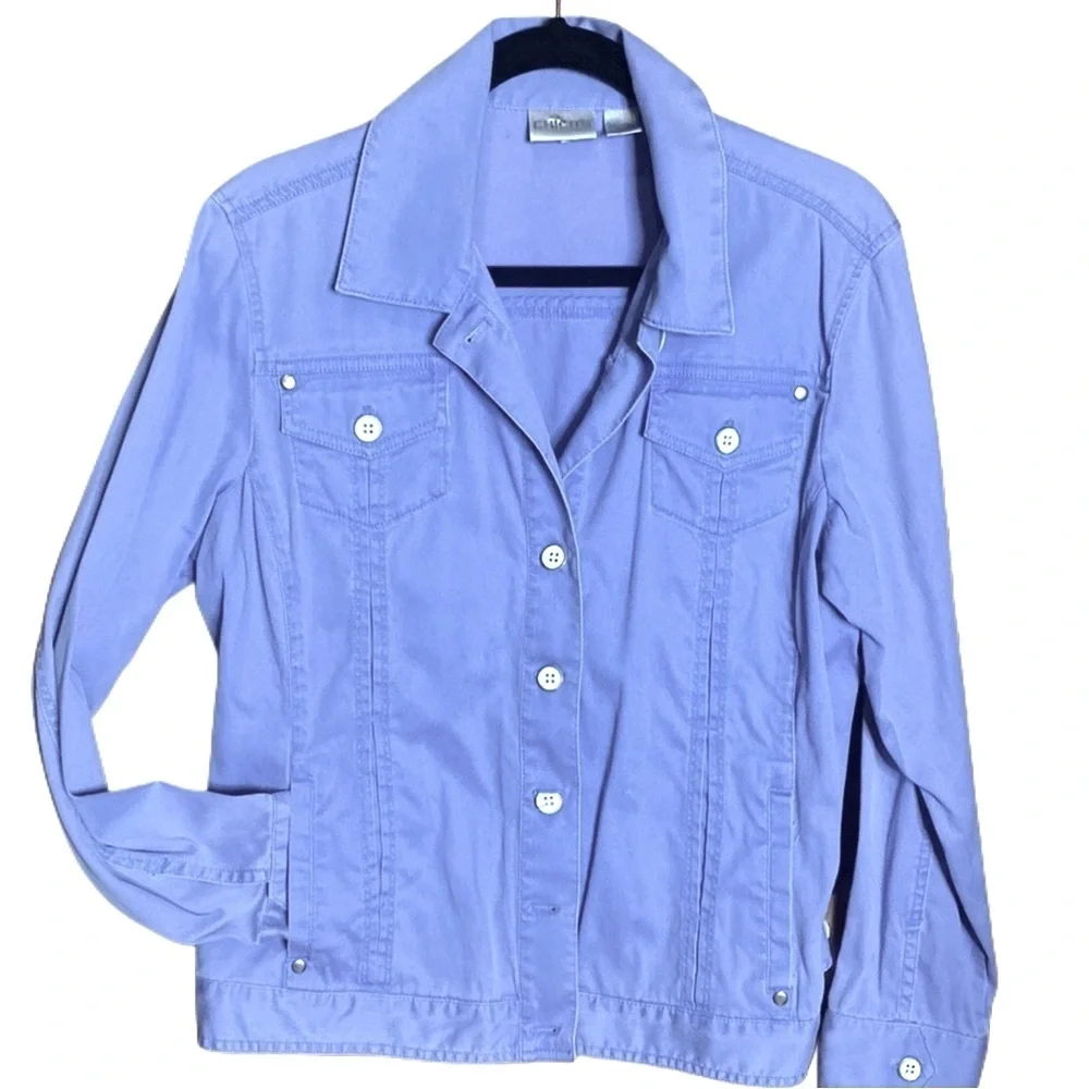 Chico's micro corduroy light blue button up jean jacket style light weight Sz L - Picture 1 of 8
